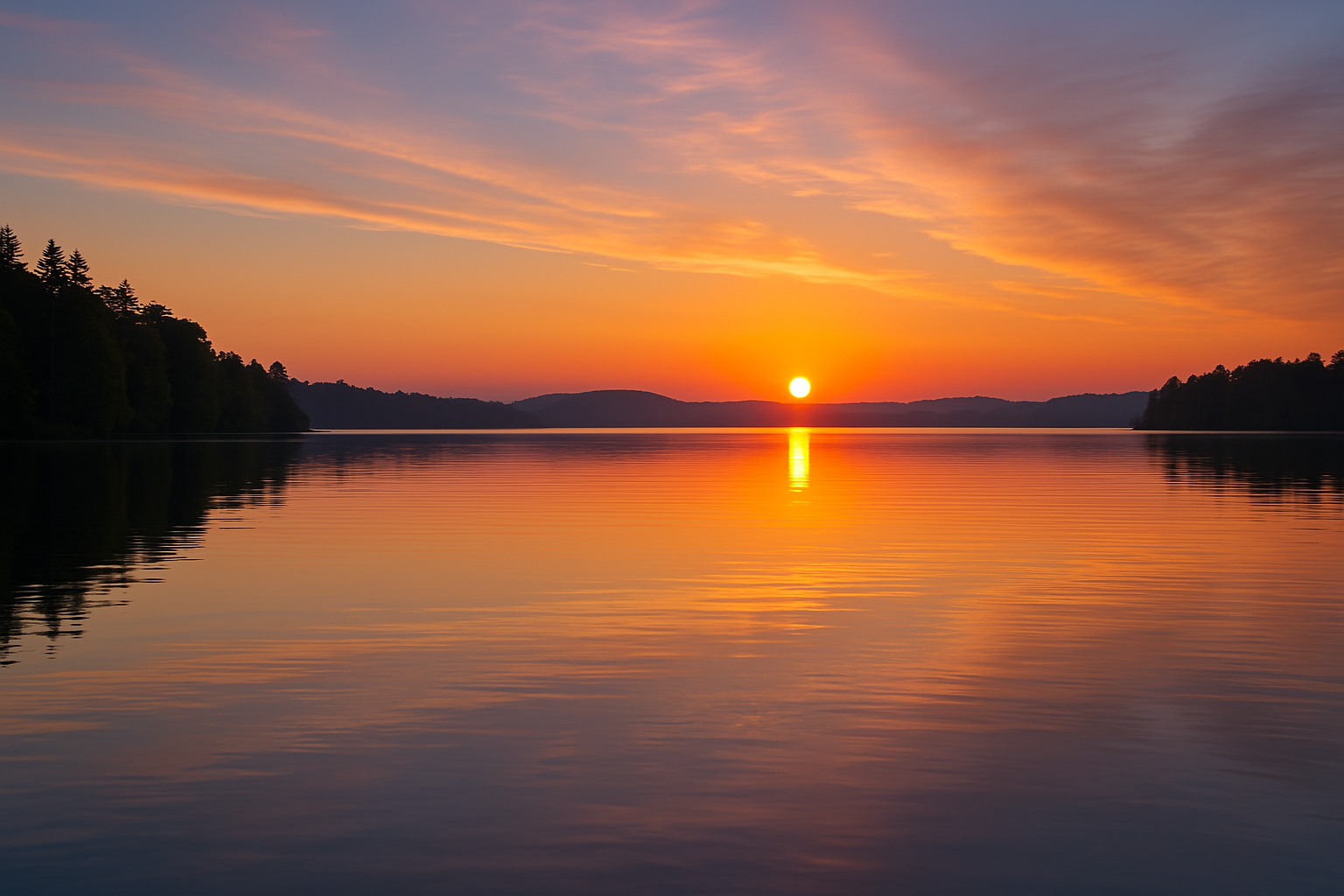 A calm lake at sunrise